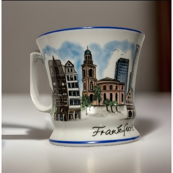 Eilles Chocolatier Frankfurt Germany Skyline Souvenir Mug Blue Rim Coffee Cup‎ - Picture 1 of 5
